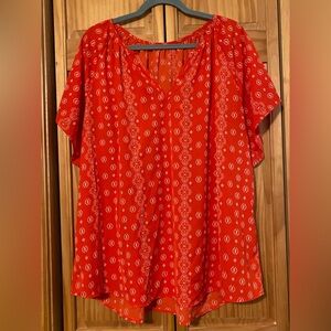Red Patterned V-Neck Blouse
